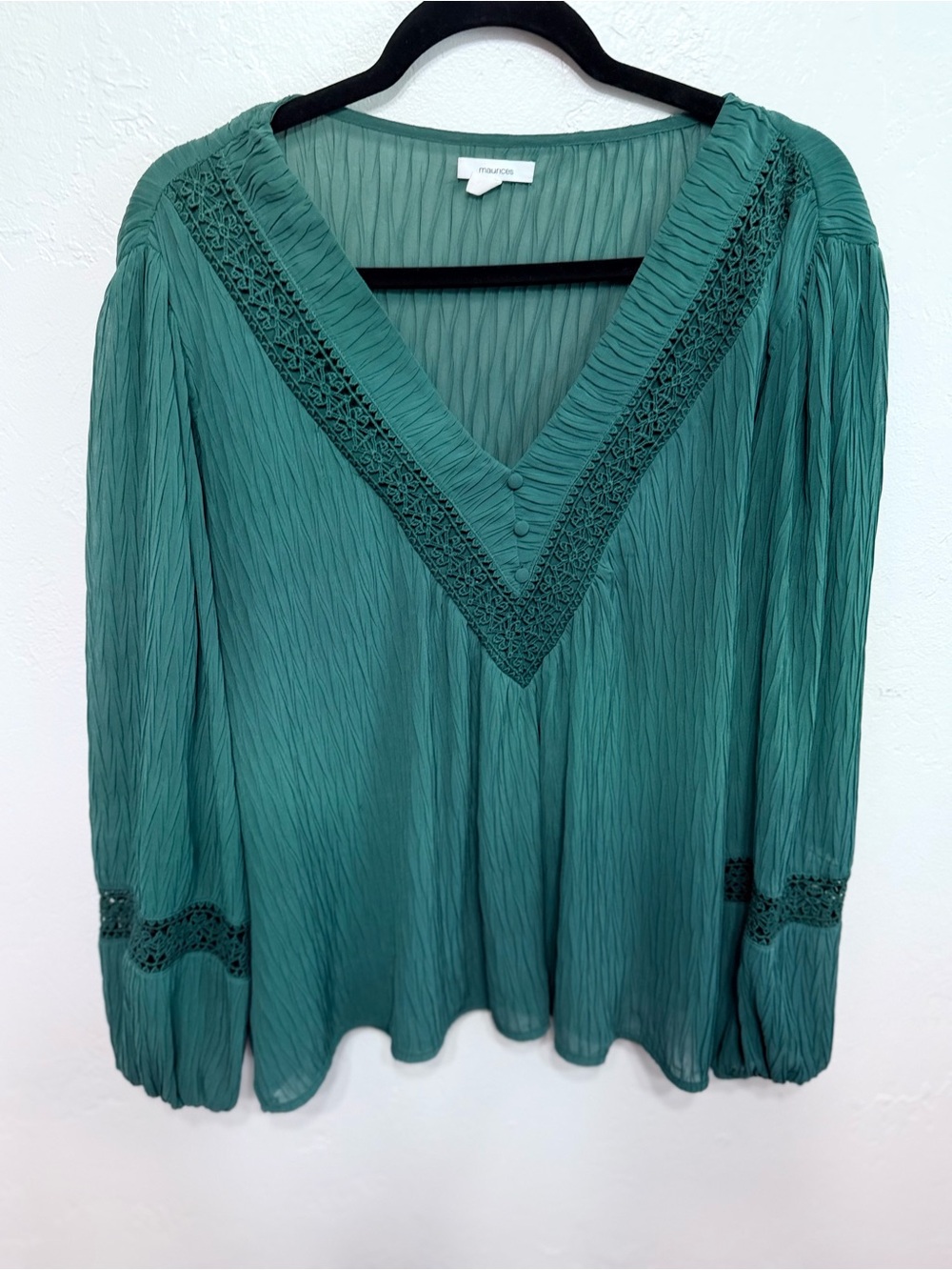 Maurices Teal Green Sheer Crochet Lace Crinkle Blouse Size Large Boho Top